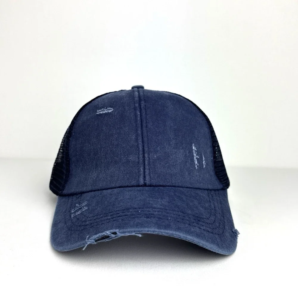 Women's‎ PonyTail Hat Blue Distressed Washed Denim Criss Cross Mesh Baseball Cap